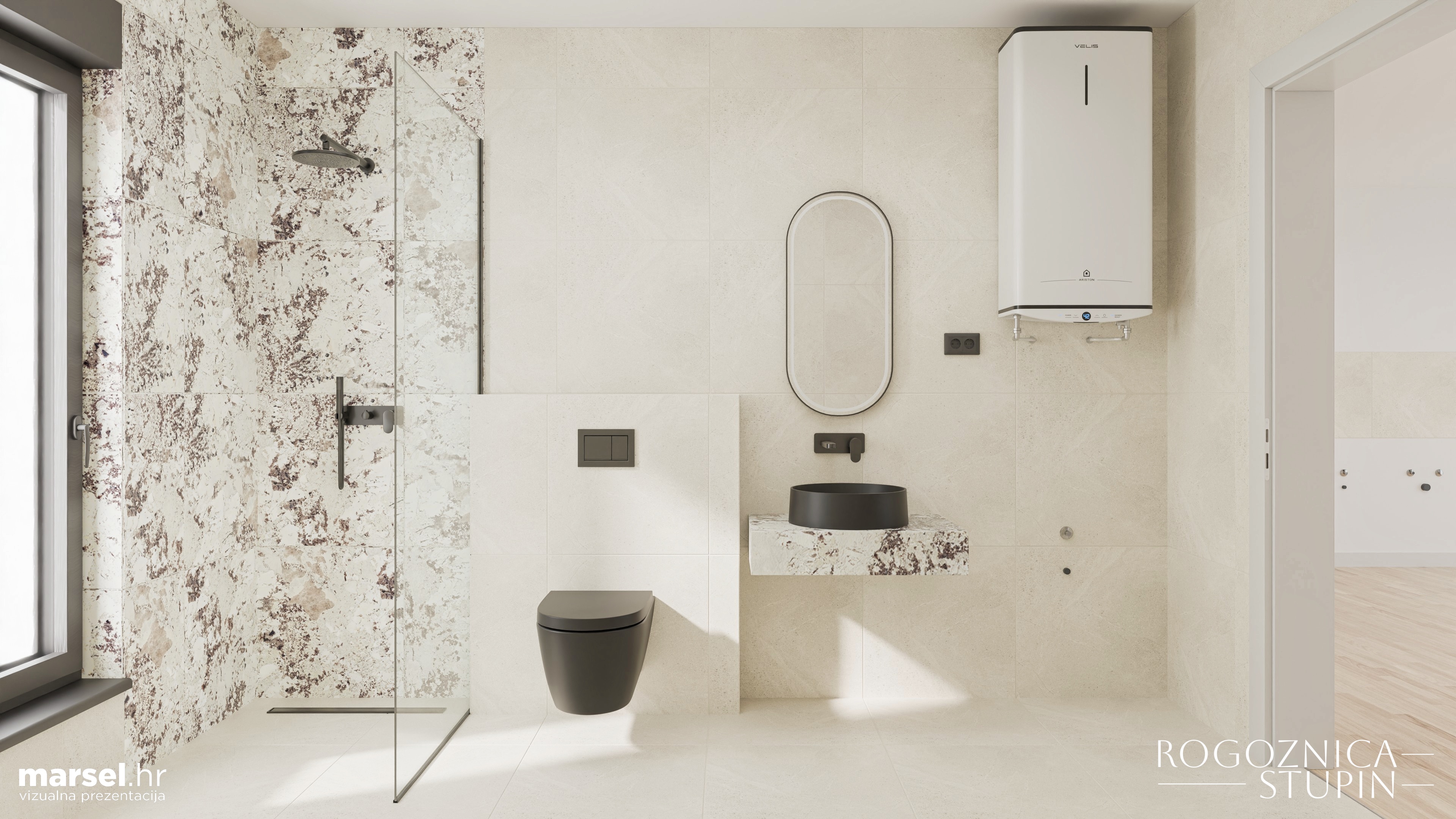 Vizualizacija interijera apartmana u novogradnji Rogoznica Stupin. Prostrani i svijetli unutarnji prostori s pogledom na more, idealni za stanovanje ili investiranje u apartman na dalmatinskoj obali.